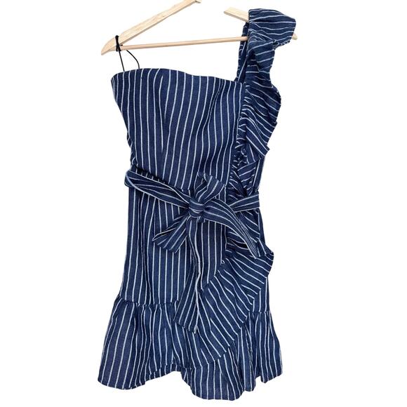NWT Alexis Konner Striped One Shoulder Linen Mini Dress - Picture 3 of 10